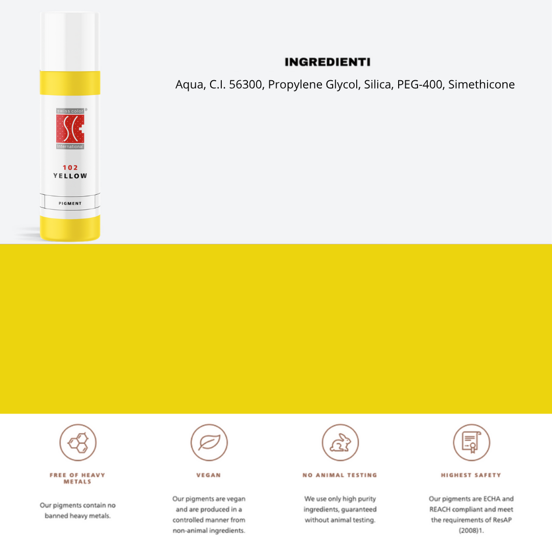 Pigmento 102 Yellow Swiss Color 10 ml con lista ingredienti – formula organica CI 56300 per correttivi PMU labbra e sopracciglia.