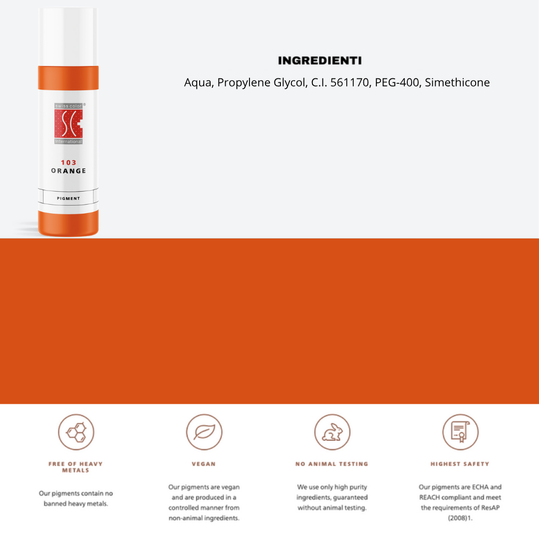 Pigmento 103 Orange Swiss Color 5ml con lista ingredienti – formula organica CI 561170 per neutralizzazioni e riscaldamento dei pigmenti PMU.