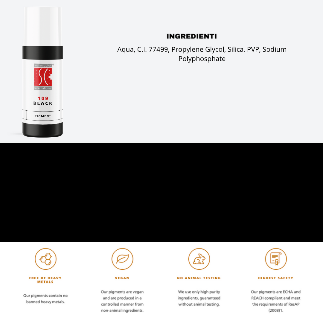 Pigmento 109 Black Swiss Color 5 ml con lista ingredienti – ossido di ferro nero per PMU sopracciglia ed eyeliner stabili.