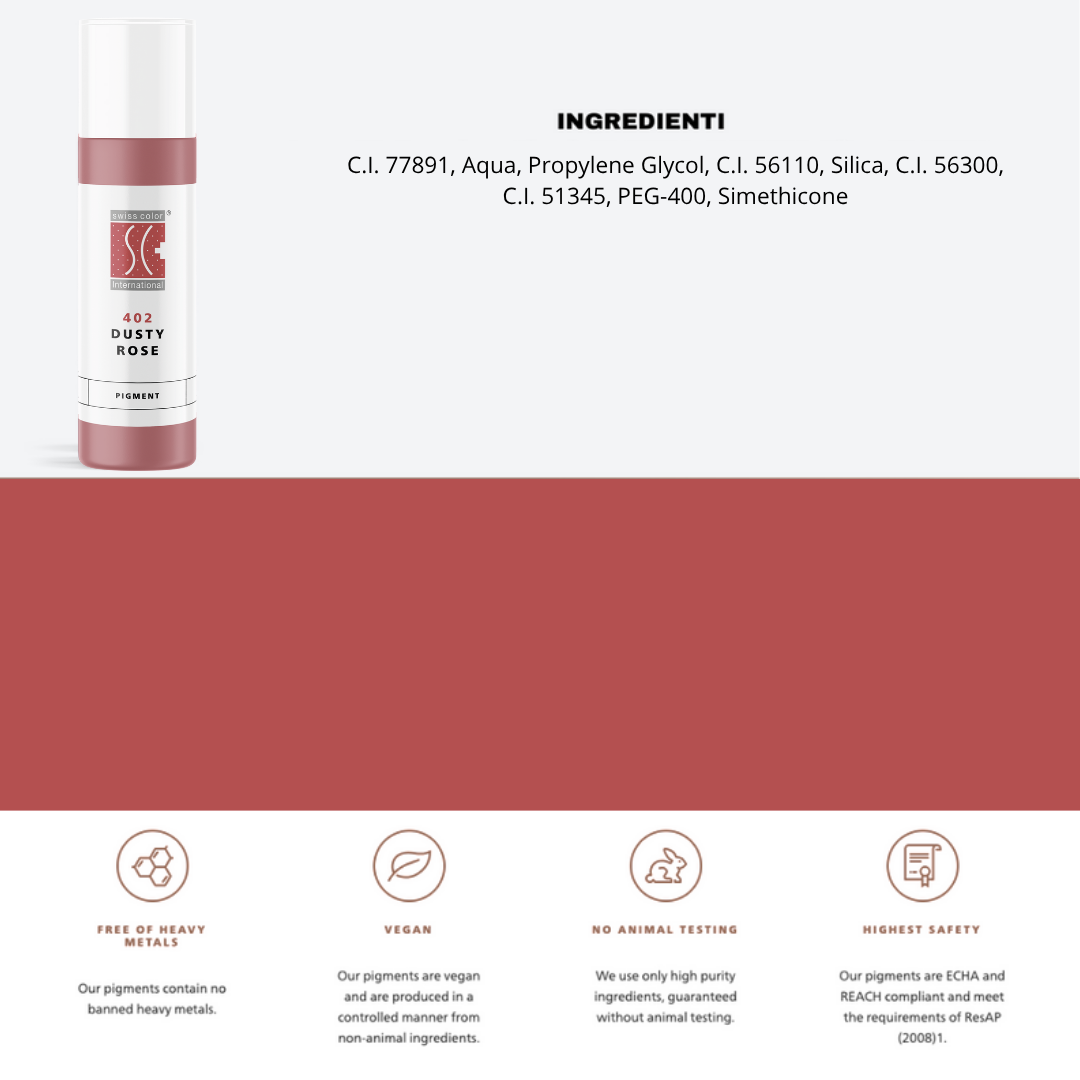 Pigmento 402 Dusty Rose Swiss Color – Flaconi da 5 ml e 10 ml con lista ingredienti visibile. Formula ibrida stabile per PMU labbra, colore rosa soft e naturale.