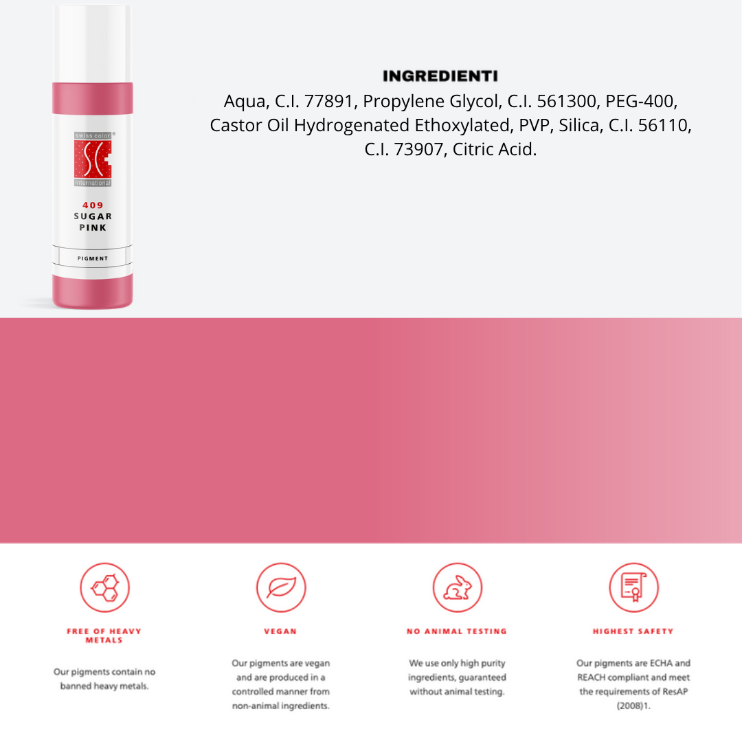 Scheda tecnica Swiss Color 409 Sugar Pink – pigmento ibrido professionale per PMU labbra e areola, formula stabile e ad alta resa cromatica.