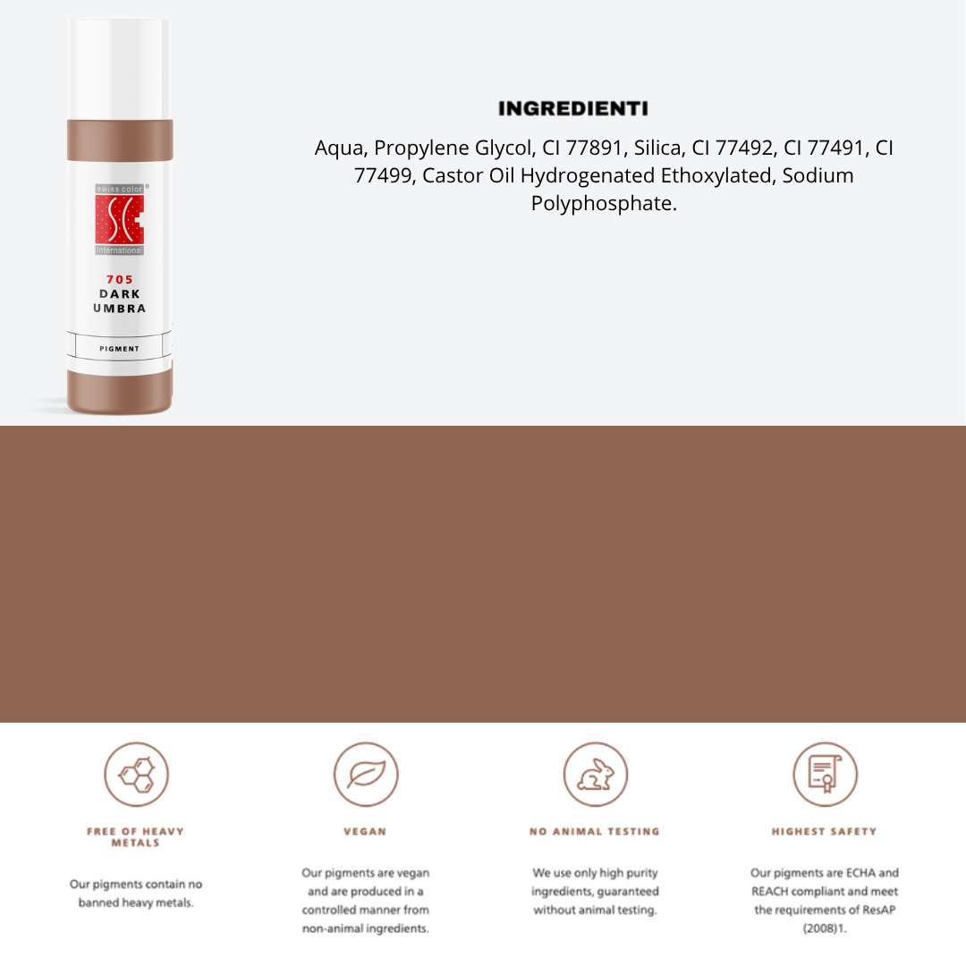 Pigmento 705 Dark Umbra Swiss Color in flacone da 10 ml, lista ingredienti visibile – Formula minerale purificata per labbra e areola PMU.