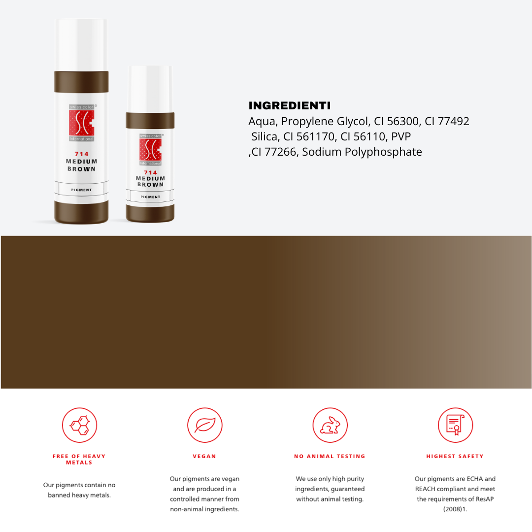 Pigmento 714 Medium Brown Swiss Color in flaconi da 5 ml e 10 ml con lista ingredienti completa – Formula ibrida purificata per sopracciglia e areola, stabile e conforme REACH.