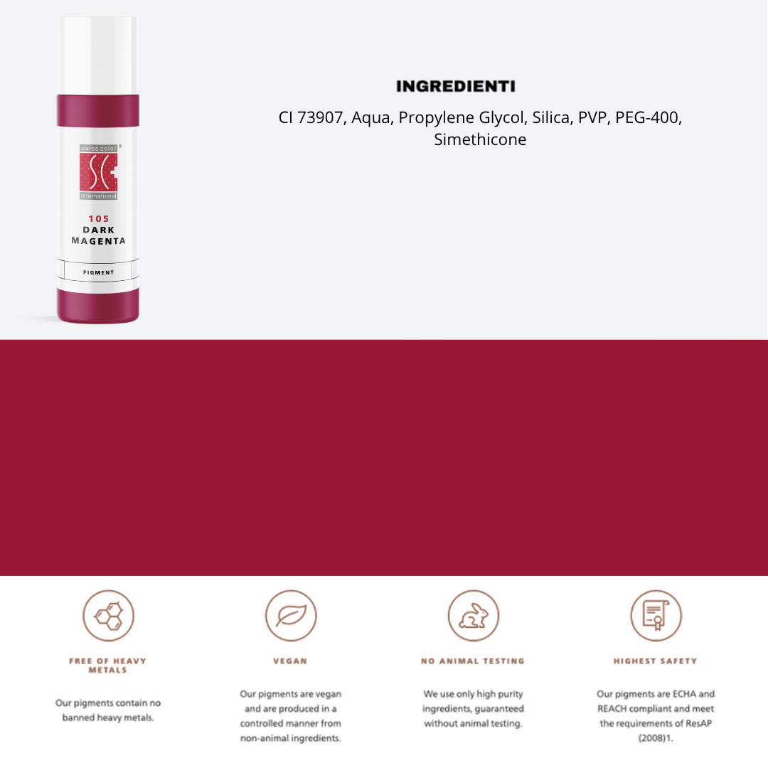 Pigmento 105 Dark Magenta Swiss Color 5 ml con lista ingredienti – formula CI 73907 per miscele fredde e scure PMU.