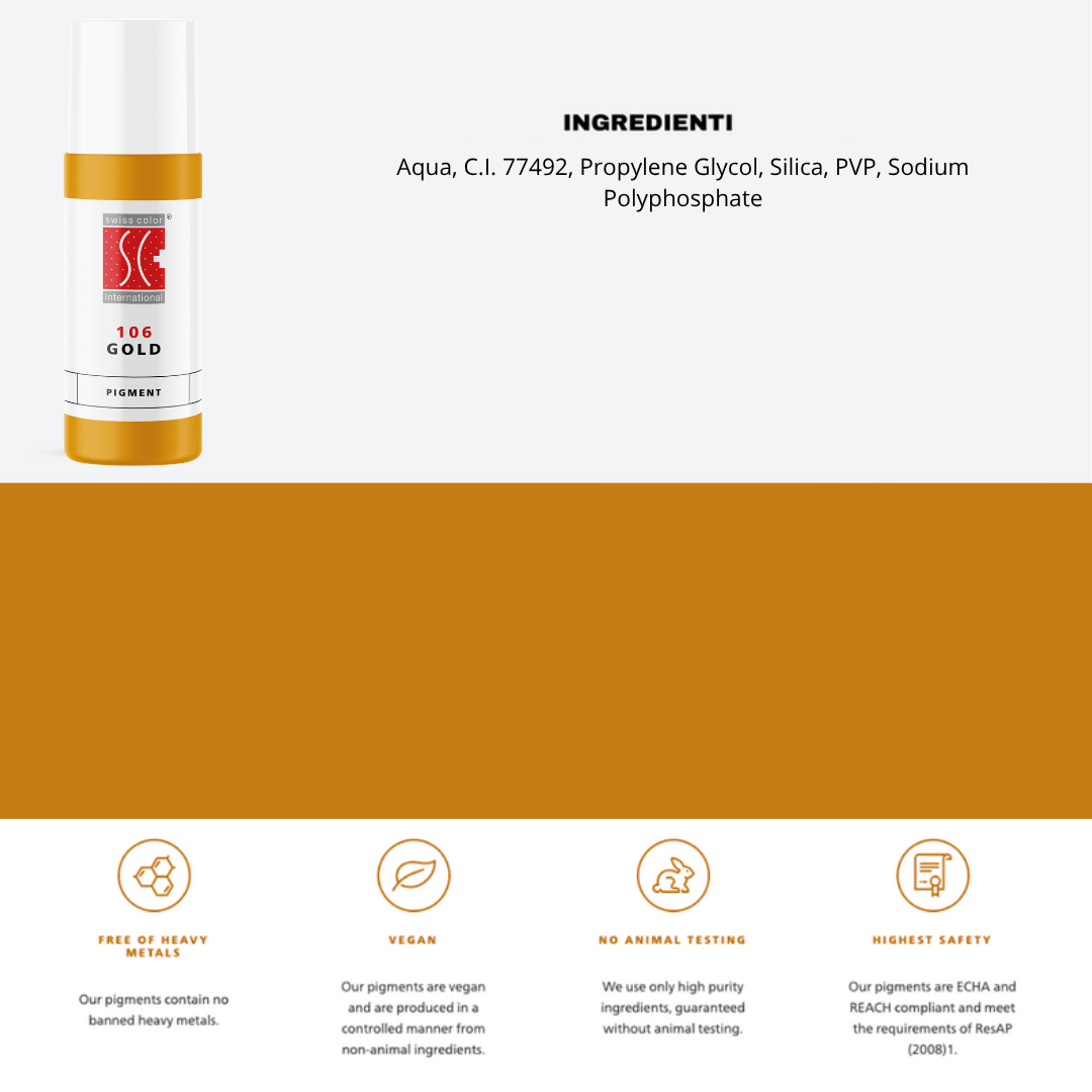 Pigmento 106 Gold Swiss Color 5 ml con lista ingredienti – formula minerale dorata per PMU sopracciglia e miscele calde.