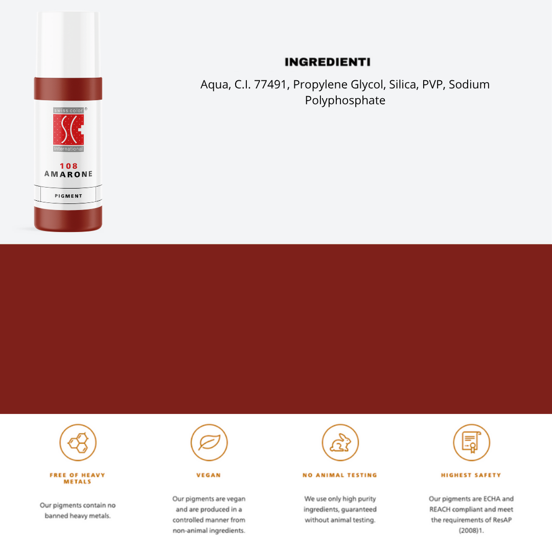 Pigmento 108 Amarone Swiss Color 5 ml con ingredienti – ossido di ferro CI 77491 per miscele labbra e sopracciglia tono vino.