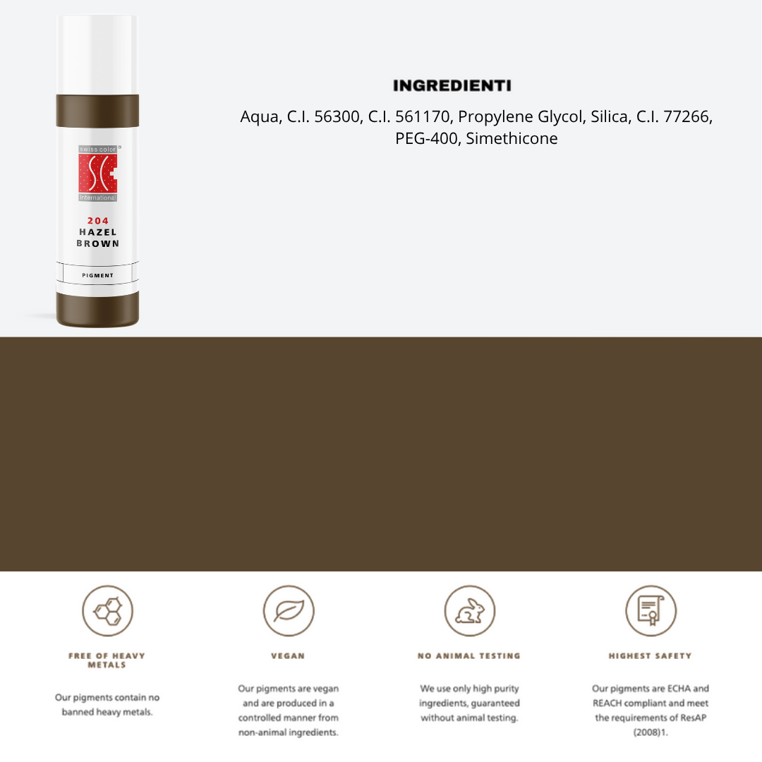 Pigmenti 204 Hazel Brown Swiss Color 5 ml e 10 ml con ingredienti visibili – ossidi di ferro CI 77266 per sopracciglia e areola PMU.