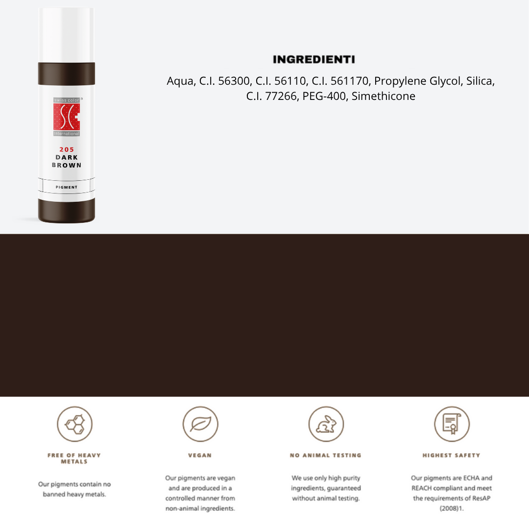 Pigmenti 205 Dark Brown Swiss Color 5 ml e 10 ml con ingredienti visibili – formula ibrida stabile per sopracciglia PMU e Microblading.