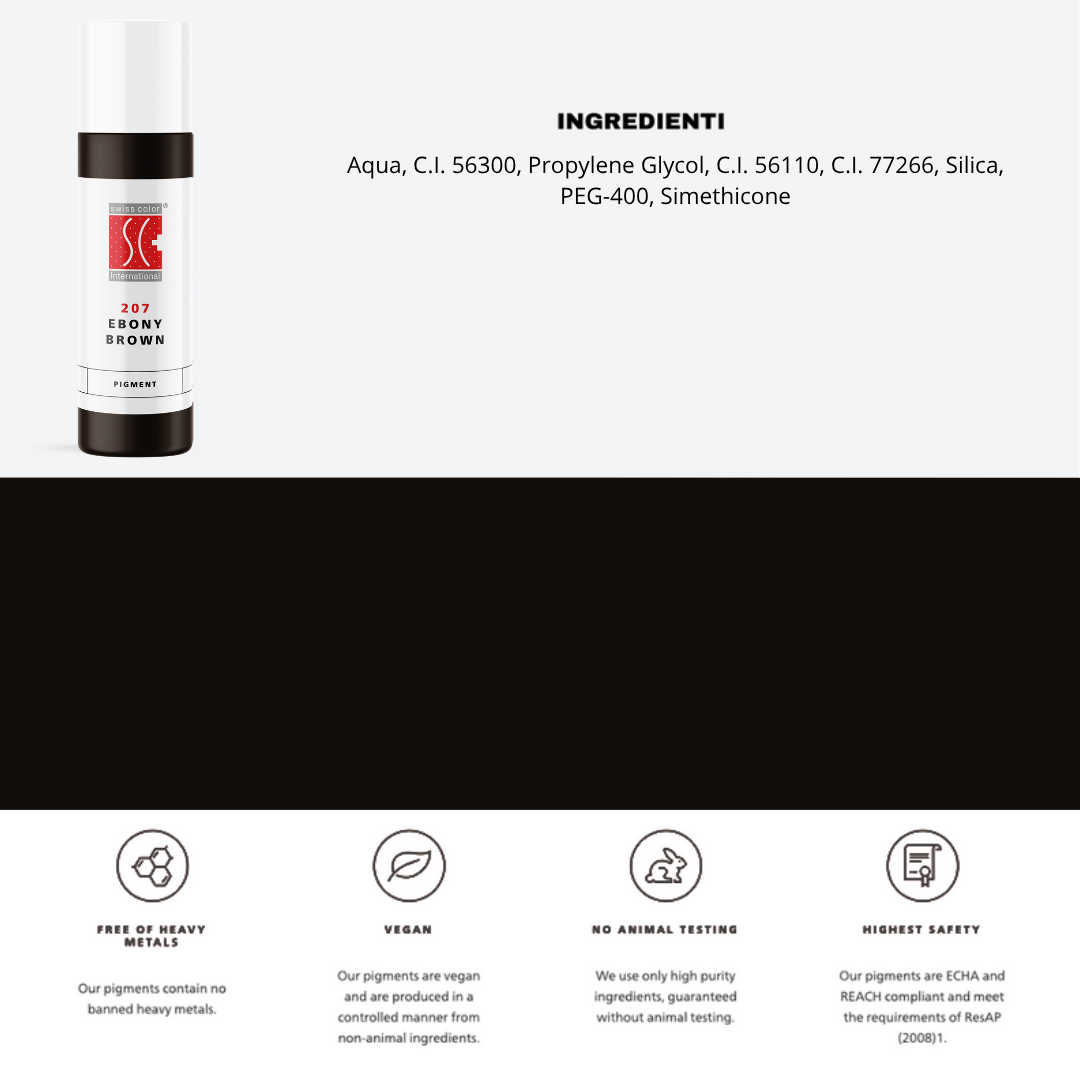 Pigmento 207 Ebony Brown Swiss Color 10 ml con ingredienti visibili – formula ibrida CI 77266 per sopracciglia e scalp PMU.