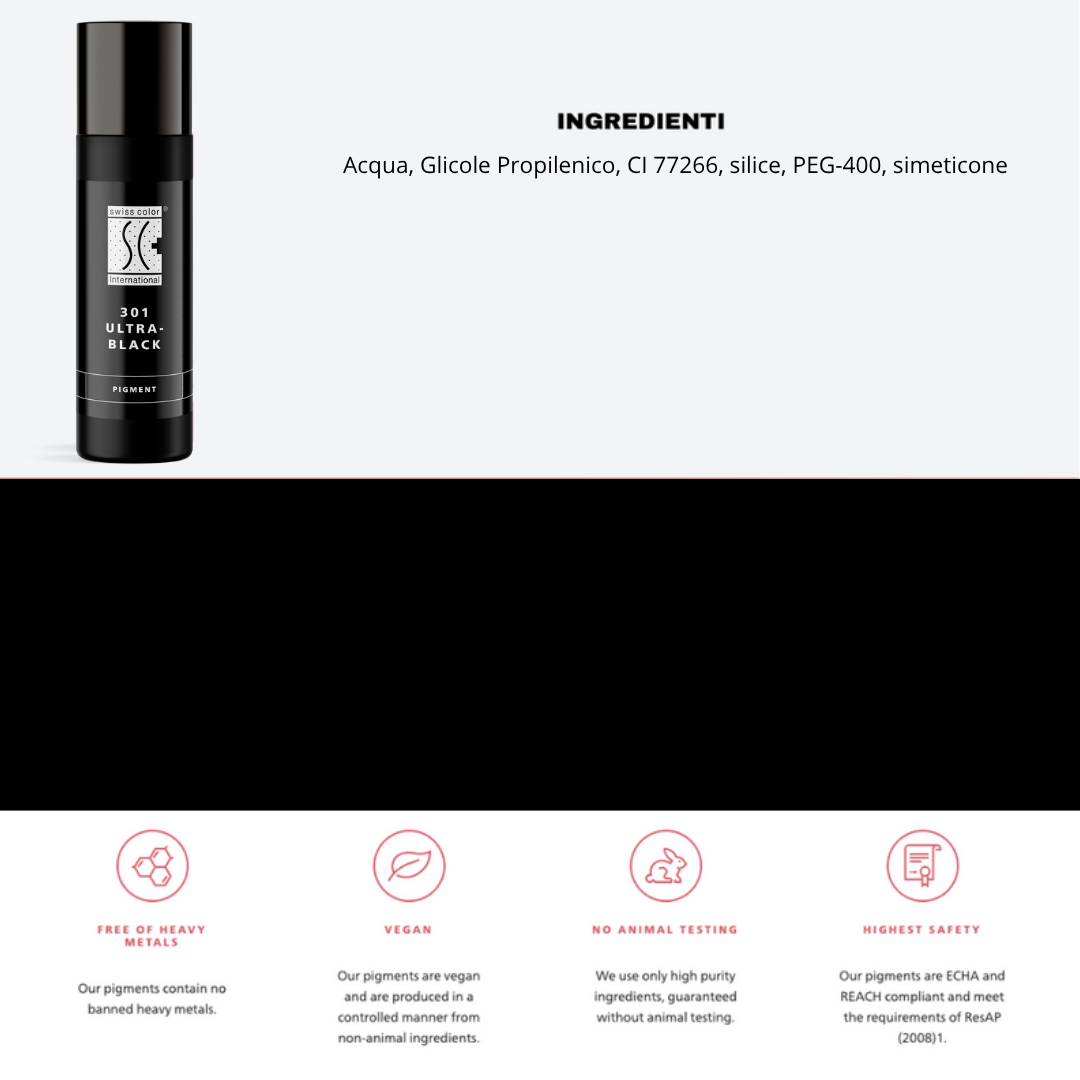 Pigmento 301 Ultra Black Swiss Color 10 ml con lista ingredienti – Base inorganica CI 77266 per PMU eyeliner intenso e duraturo.