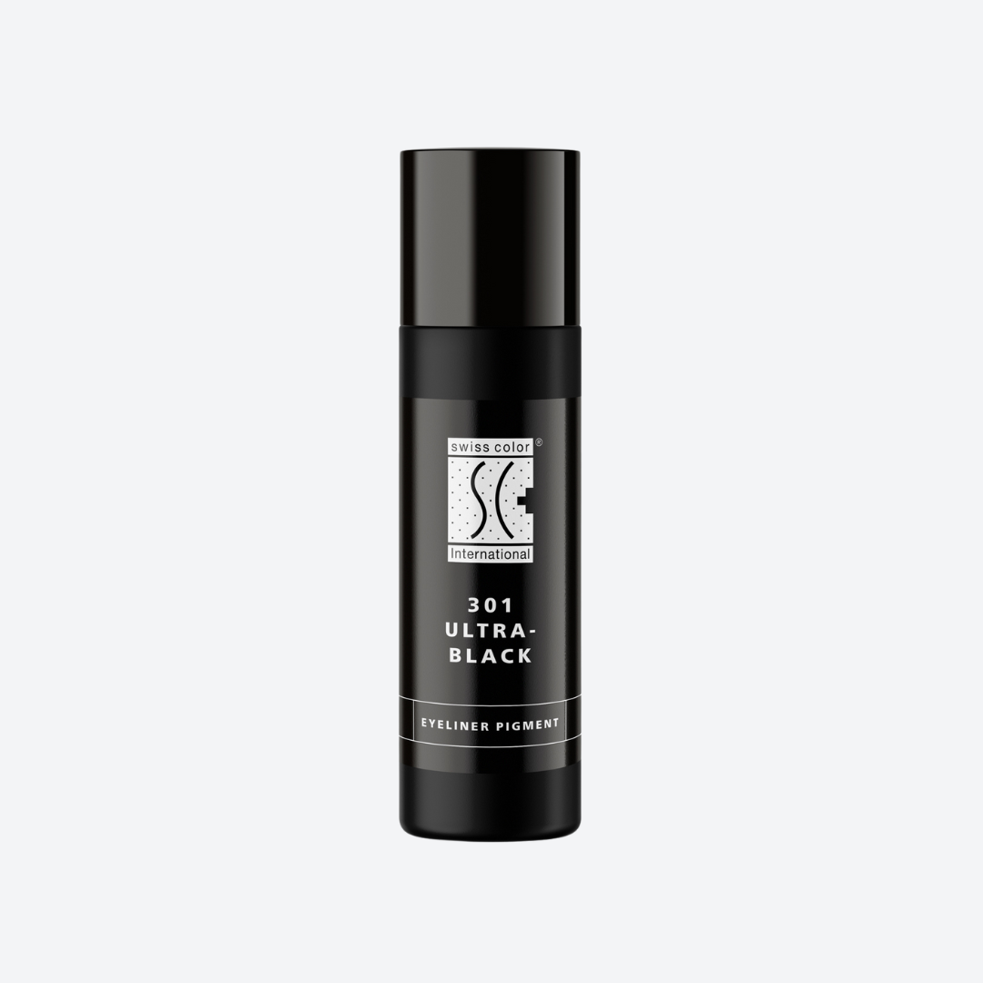 Flacone pigmento 301 Ultra Black Swiss Color 10 ml – Nero inorganico CI 77266 per PMU eyeliner, consistenza cremosa e risultato stabile.