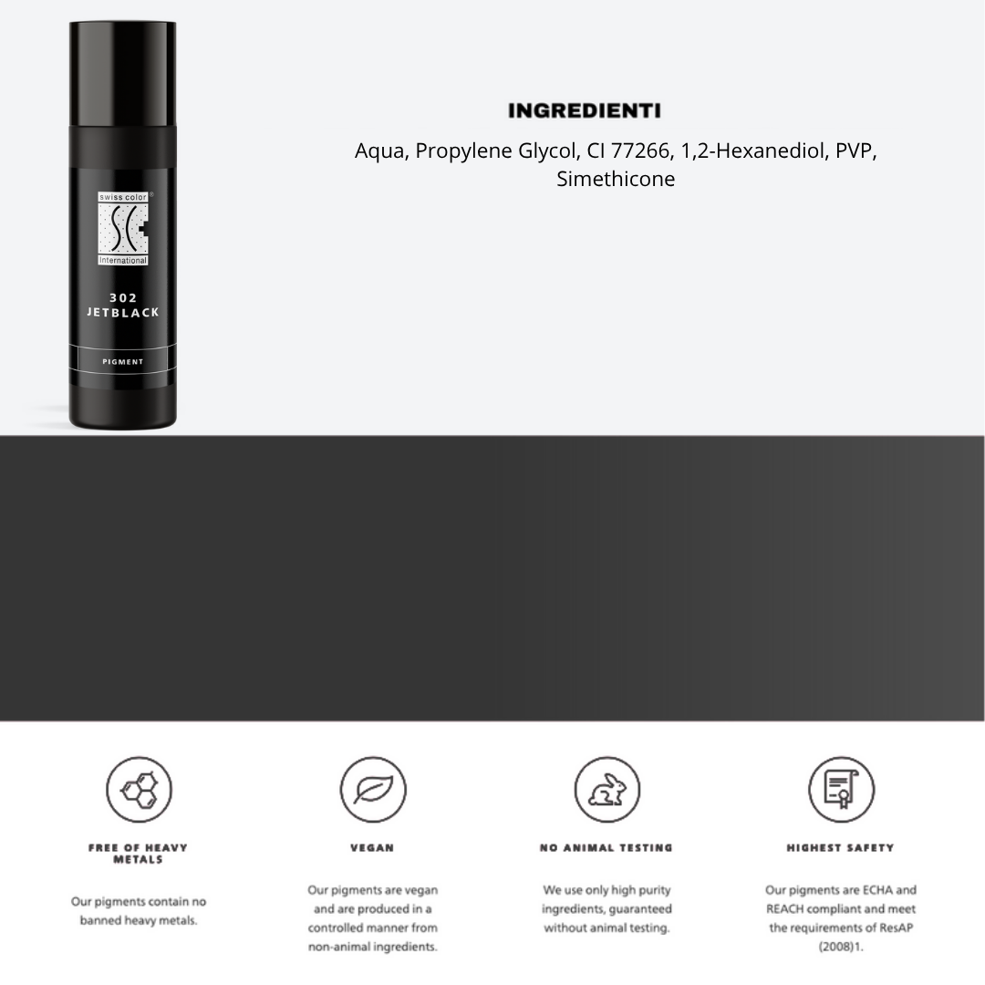 Pigmento 302 Jet Black Swiss Color 10 ml con lista ingredienti – Base inorganica CI 77266 per PMU eyeliner fluido e preciso.