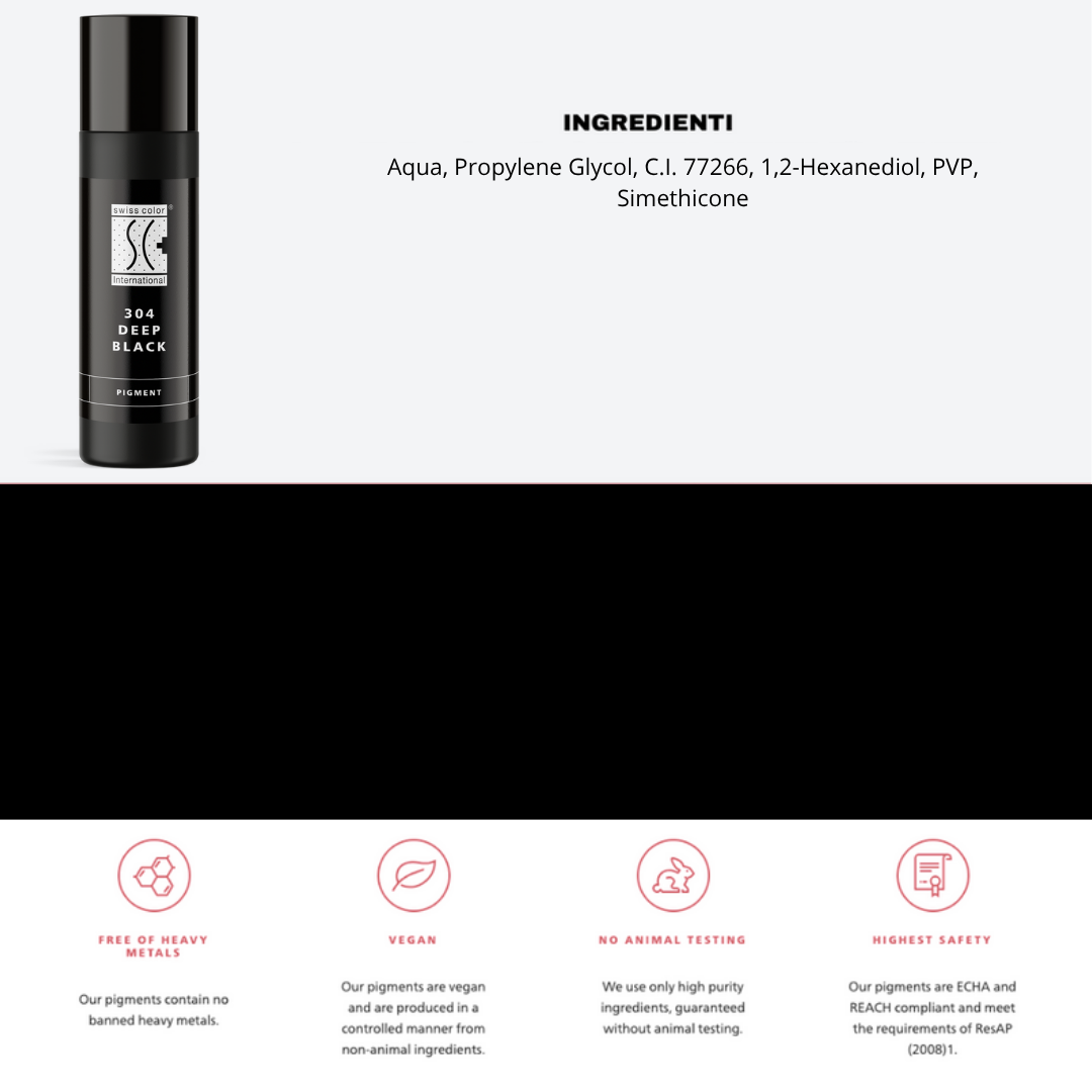 Pigmento 304 Deep Black Swiss Color 10 ml con lista ingredienti – Base inorganica CI 77266 per eyeliner nero profondo e compatto.