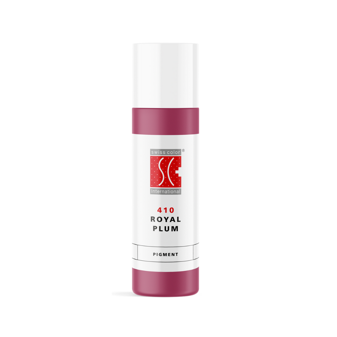 Pigmento 410 Royal Plum Swiss Color – flacone da 5 ml e 10 ml, magenta profondo per PMU labbra e areola. Formula ibrida stabile.
