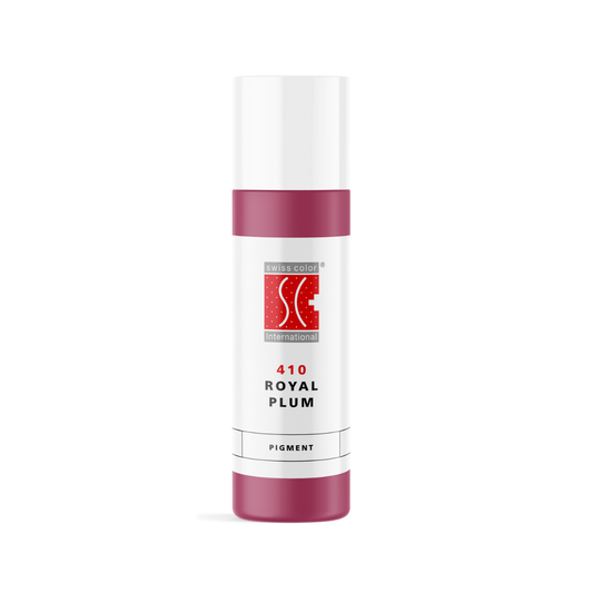 Pigmento 410 Royal Plum Swiss Color – flacone da 5 ml e 10 ml, magenta profondo per PMU labbra e areola. Formula ibrida stabile.
