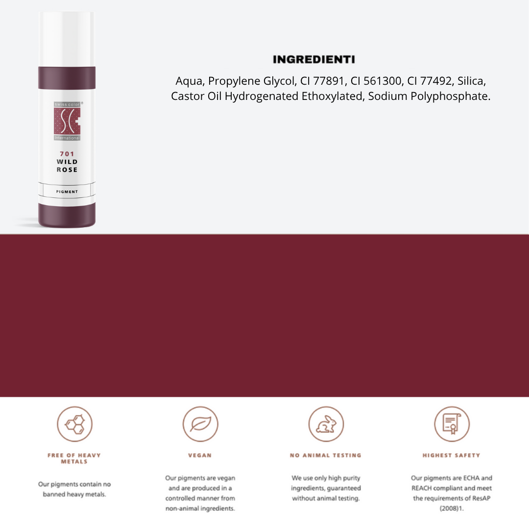 Pigmento 701 Wild Rose Swiss Color in flaconi da 5 ml e 10 ml – Formula minerale purificata per labbra PMU, con lista ingredienti visibile.