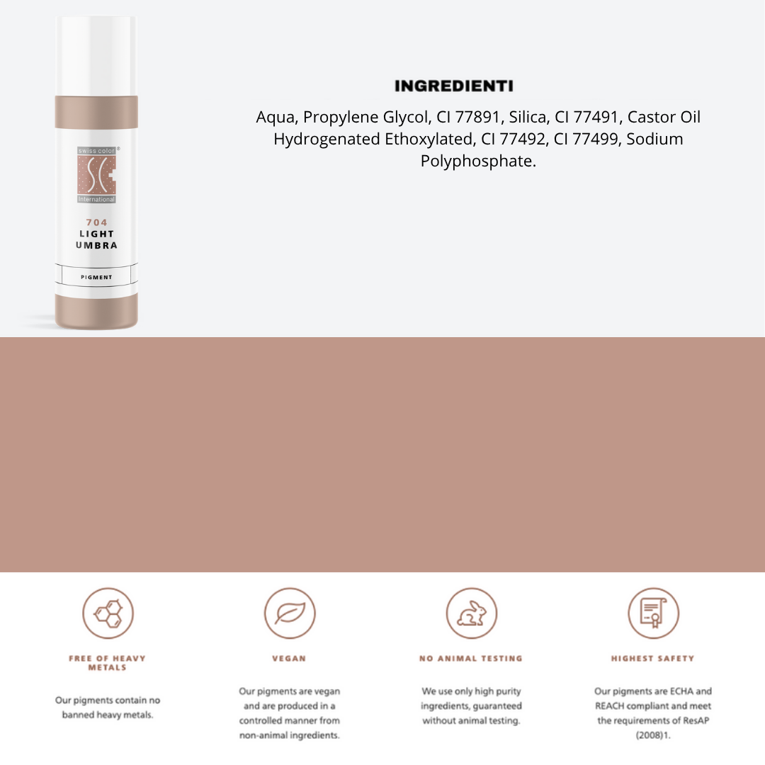 Pigmento 704 Light Umbra Swiss Color in flacone da  10 ml, lista ingredienti visibile – Formula minerale purificata per labbra e areola PMU.