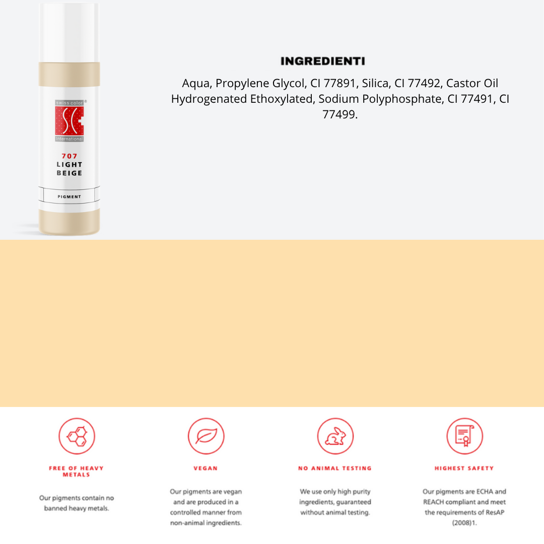 Pigmento 707 Light Beige Swiss Color in flacone 10 ml, lista ingredienti visibile – Formula minerale purificata per camouflage e liplight PMU.