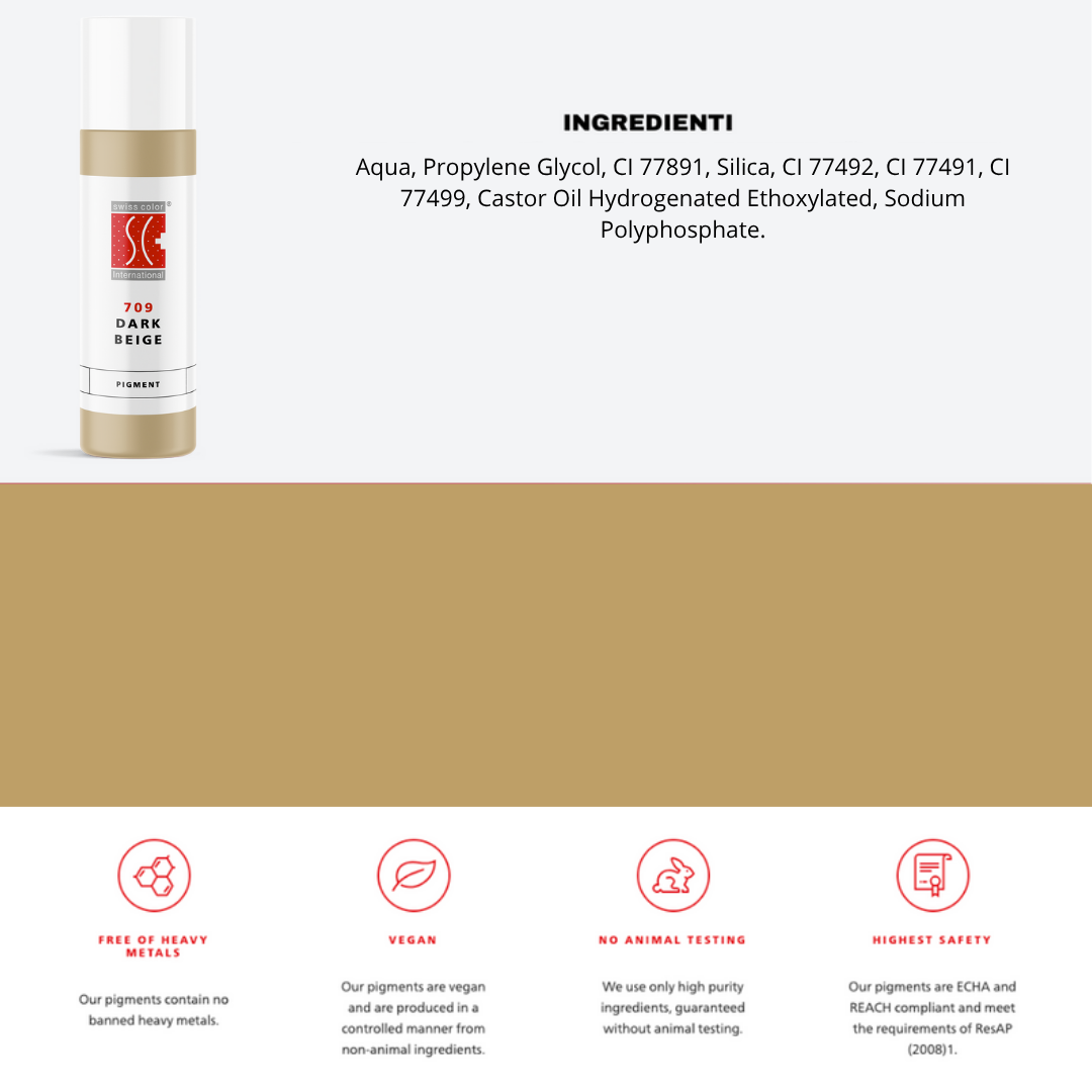 Pigmento 709 Dark Beige Swiss Color in flacone da  10 ml, lista ingredienti visibile – Formula minerale purificata per camouflage e areola PMU.