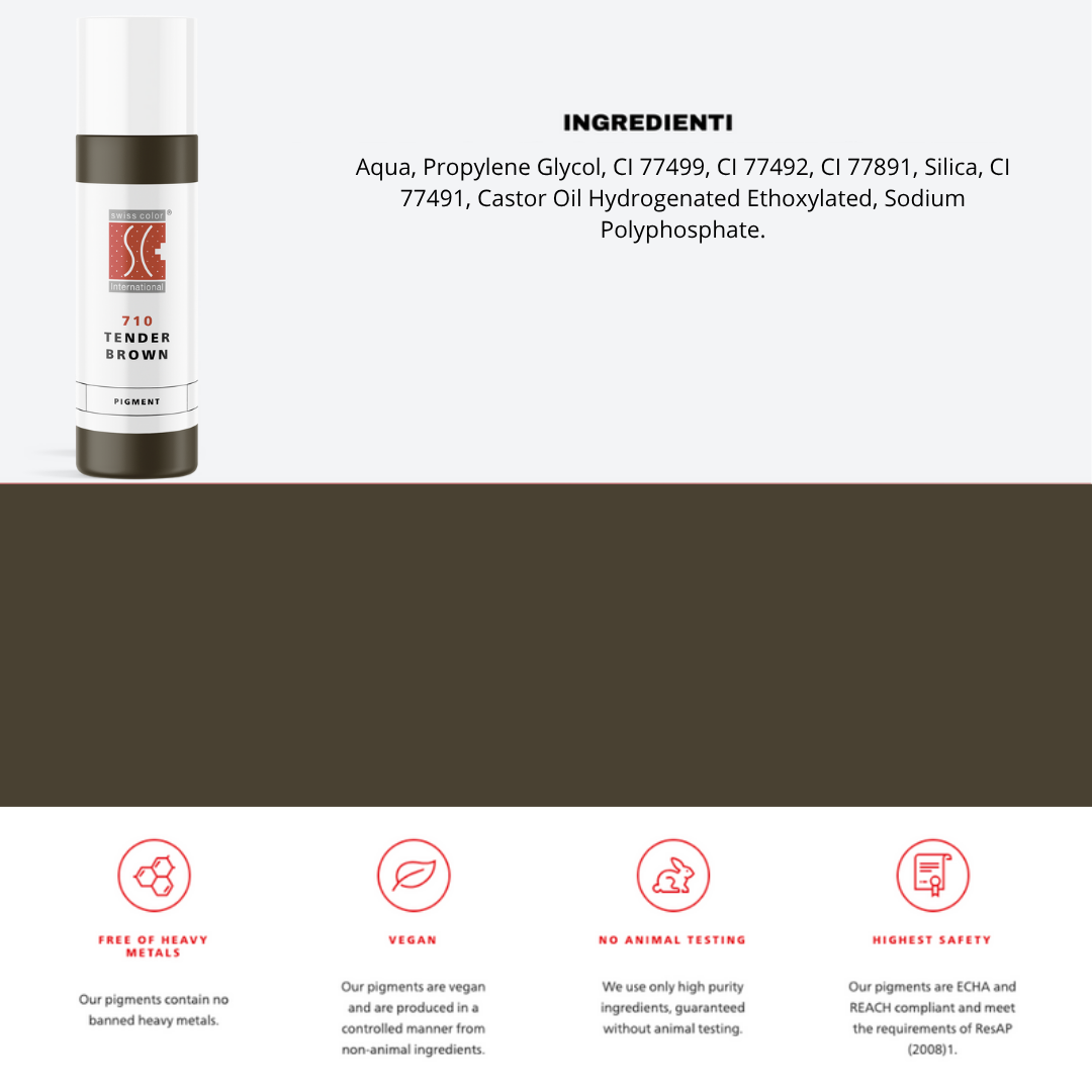Pigmento 710 Tender Brown Swiss Color in flaconi di 10 ml con lista ingredienti visibile – Formula minerale purificata per sopracciglia e lavori paramedicali.