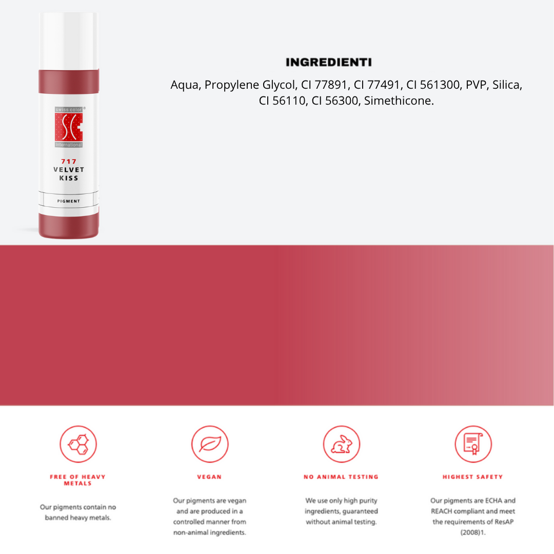Pigmento 717 Velvet Kiss Swiss Color in flaconi  10 ml, lista ingredienti visibile, tono rosewood caldo e naturale.