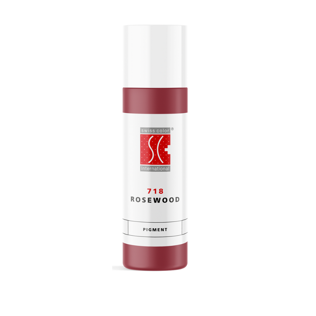 Flacone pigmento 718 Rosewood Swiss Color – Tonalità legno di rosa calda per PMU labbra e areola, formula ibrida stabile e naturale.