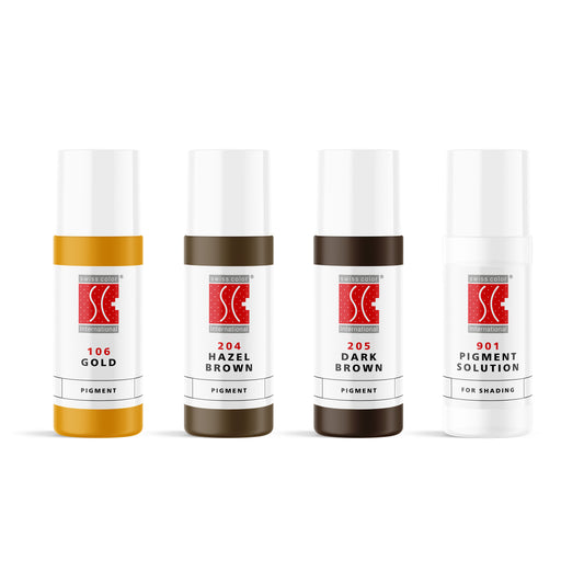 Kit sopracciglia Swiss Color – Selezione 5 ml con pigmenti 106 Gold, 204 Hazel Brown, 205 Dark Brown e 901 Pigment Solution, ideale per Powder e Pixel Brows.