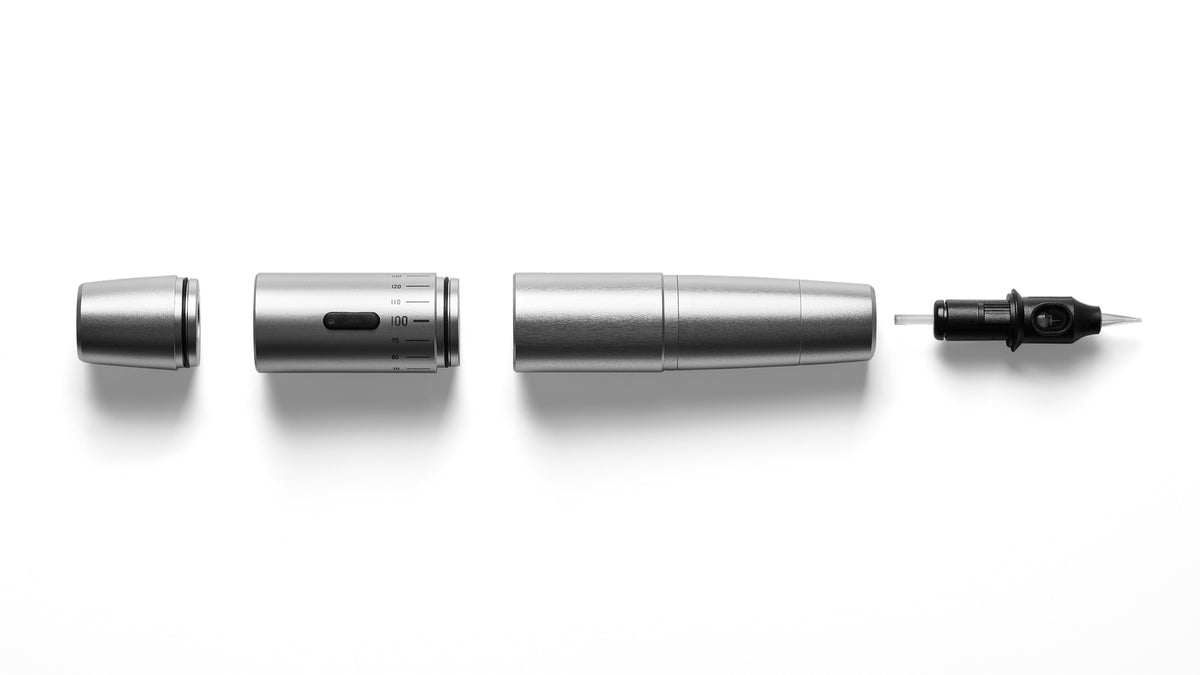SC Universal FLEX 2.5 in vista esplosa: batteria magnetica, cappuccio di connessione, corpo manipolo, motore interno e attacco universale per cartucce PMU.