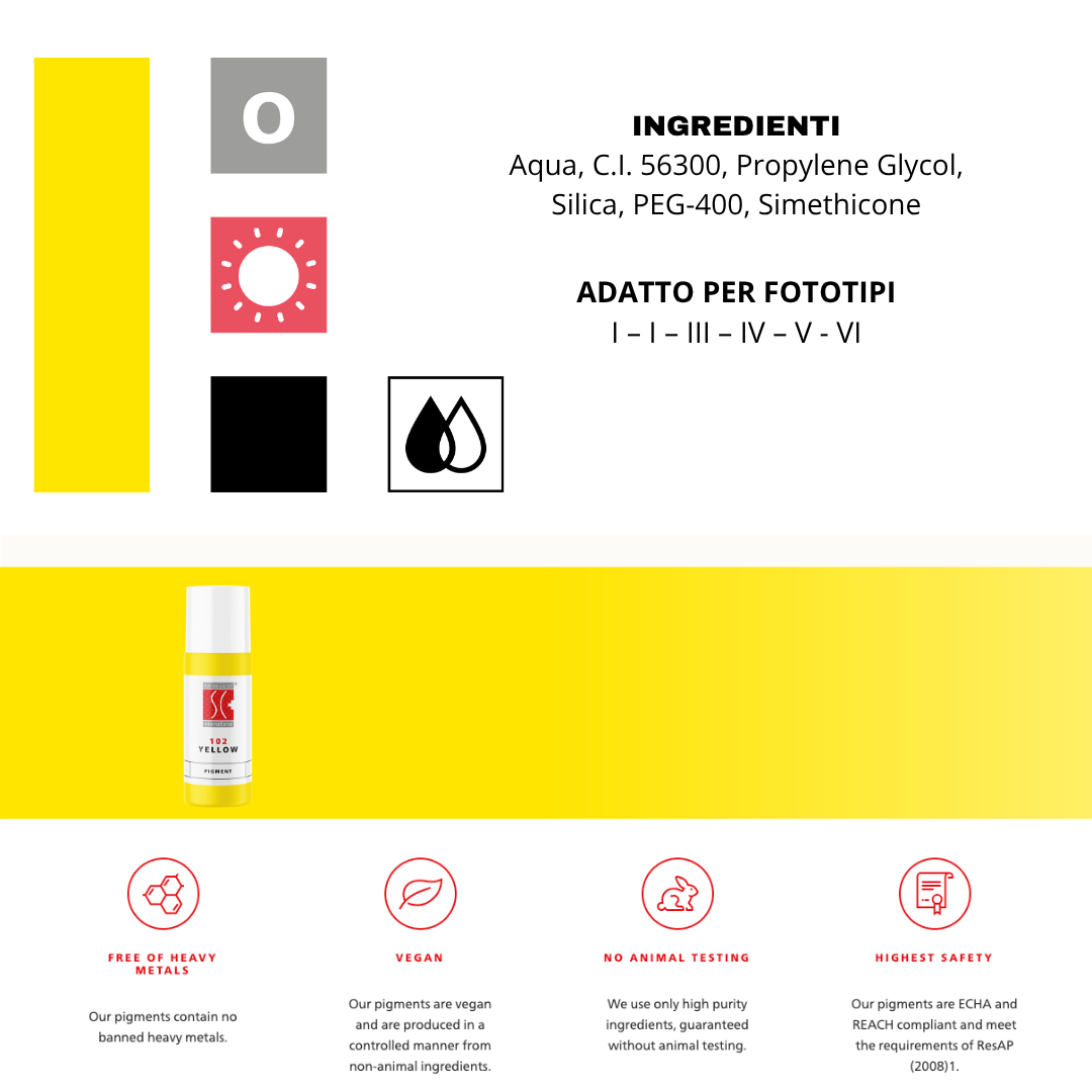 Pigmento Swiss Color 102 Yellow 5 ml – Giallo organico puro per correzioni cromatiche, neutralizzazioni e miscele labbra/areola.