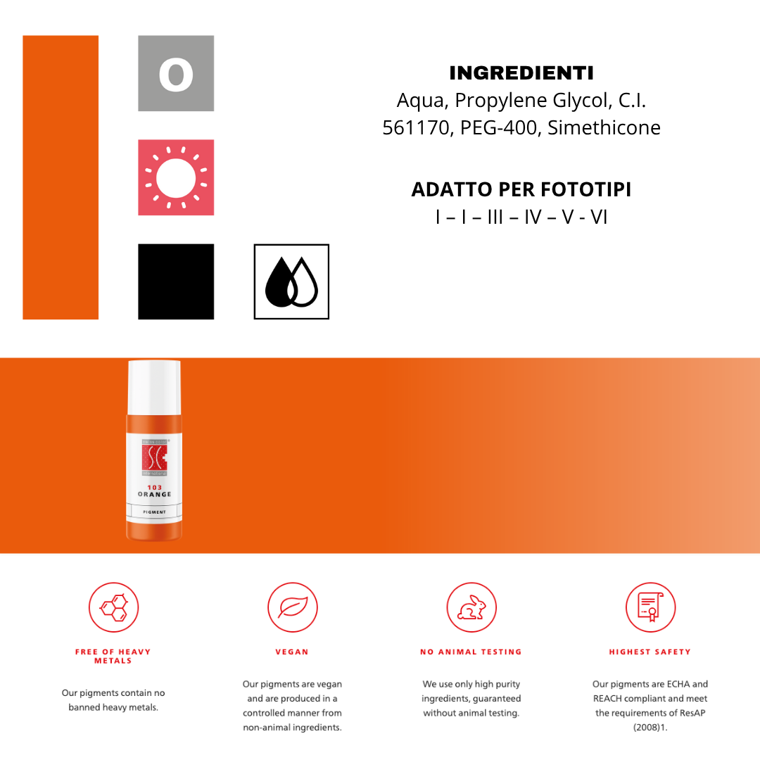 Pigmento Swiss Color 103 Orange 5 ml – Arancio organico correttivo ideale per neutralizzare toni freddi e potenziare miscele labbra.
