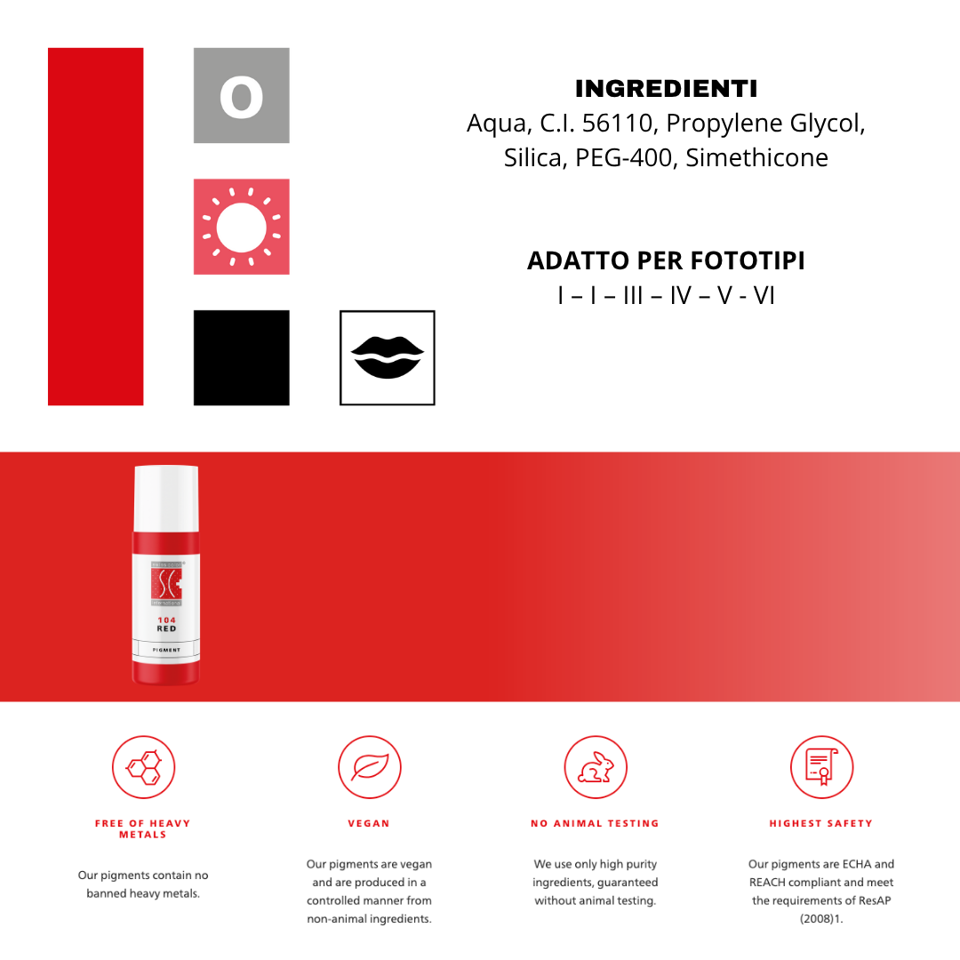 Pigmento Swiss Color 104 Red 5 ml – Rosso brillante puro, perfetto per labbra vivaci, areola e miscele di intensificazione.