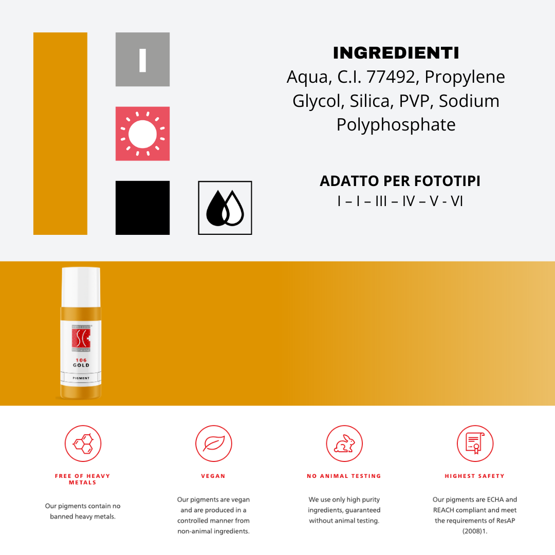 Pigmento Swiss Color 106 Gold – pigmento minerale caldo per miscelazioni PMU sopracciglia e areola.