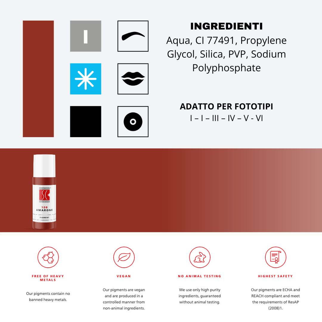Pigmento Swiss Color 108 Amarone – marrone castagna freddo per miscele PMU stabili e profonde.
