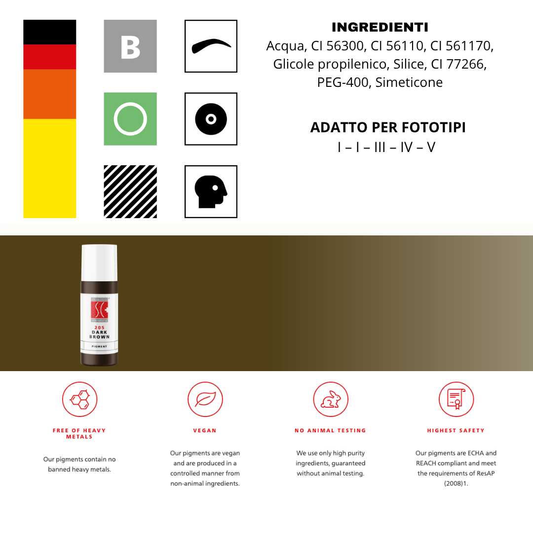 Pigmento Swiss Color 205 Dark Brown 5 ml – Marrone scuro intenso per sopracciglia definite, alta stabilità e guarigione uniforme.