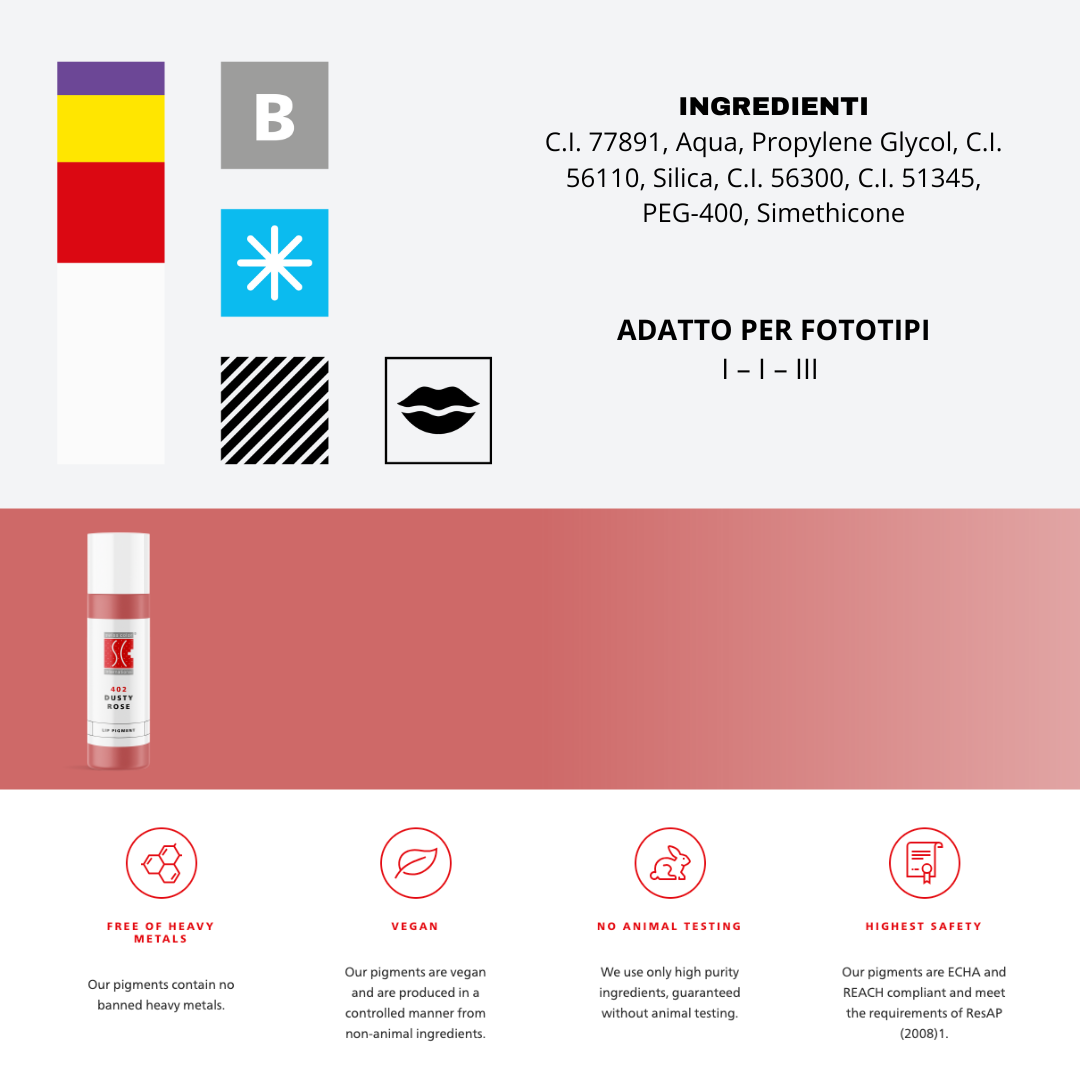Pigmento labbra Swiss Color 402 Dusty Rose – Rosa nude freddo per PMU labbra naturale, disponibile in 5 ml e 10 ml.