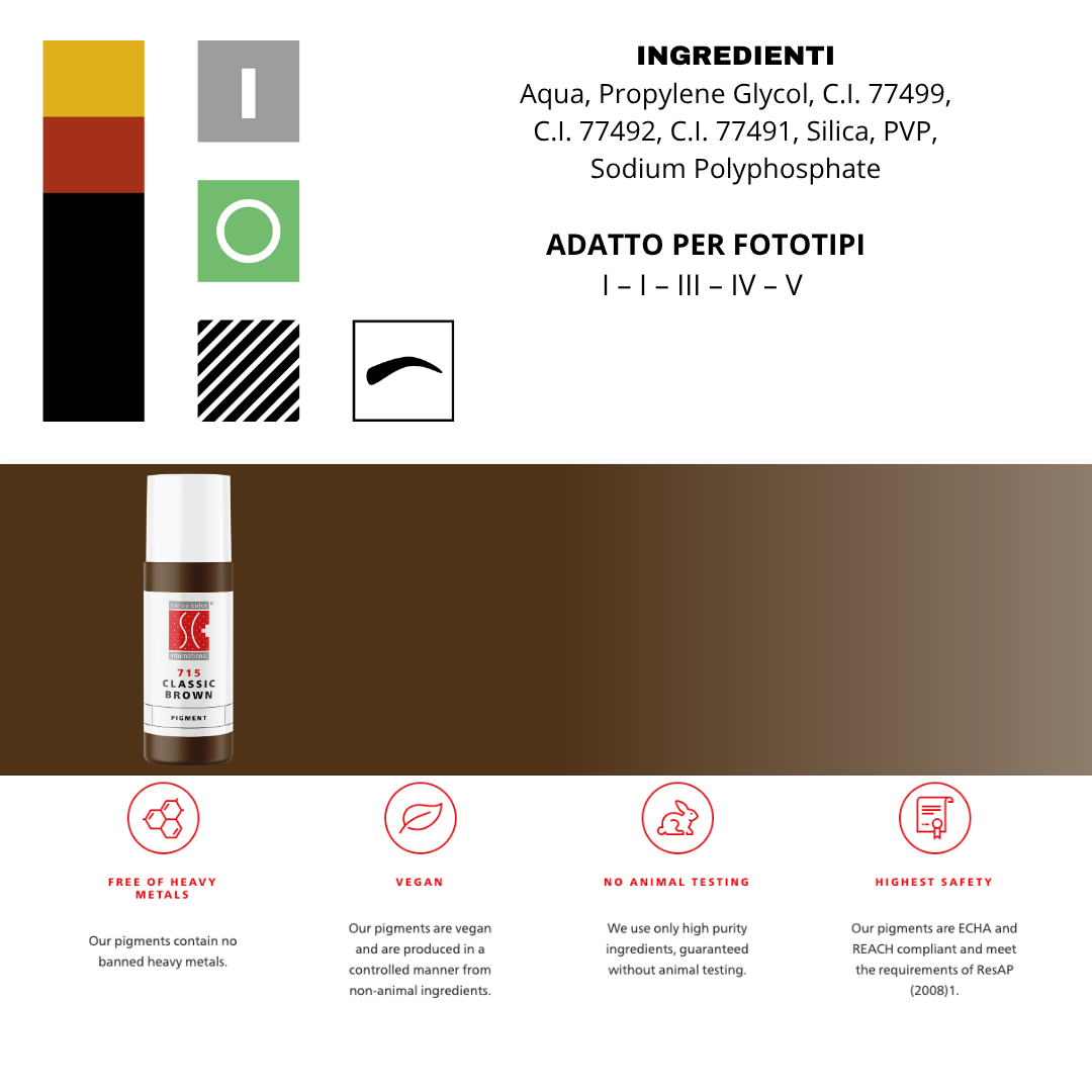 Pigmento Swiss Color 715 Classic Brown – marrone classico caldo per sopracciglia naturali.