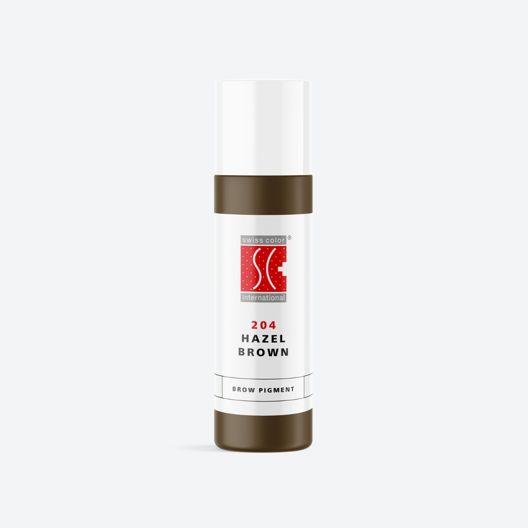Flacone pigmento 204 Hazel Brown Swiss Color 5 ml e 10 ml – pigmento ibrido nocciola caldo per PMU sopracciglia e areola, formula cremosa e naturale.