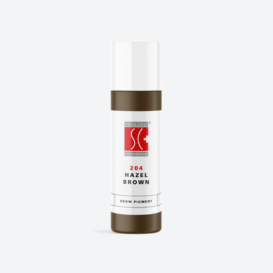 Flacone pigmento 204 Hazel Brown Swiss Color 5 ml e 10 ml – pigmento ibrido nocciola caldo per PMU sopracciglia e areola, formula cremosa e naturale.