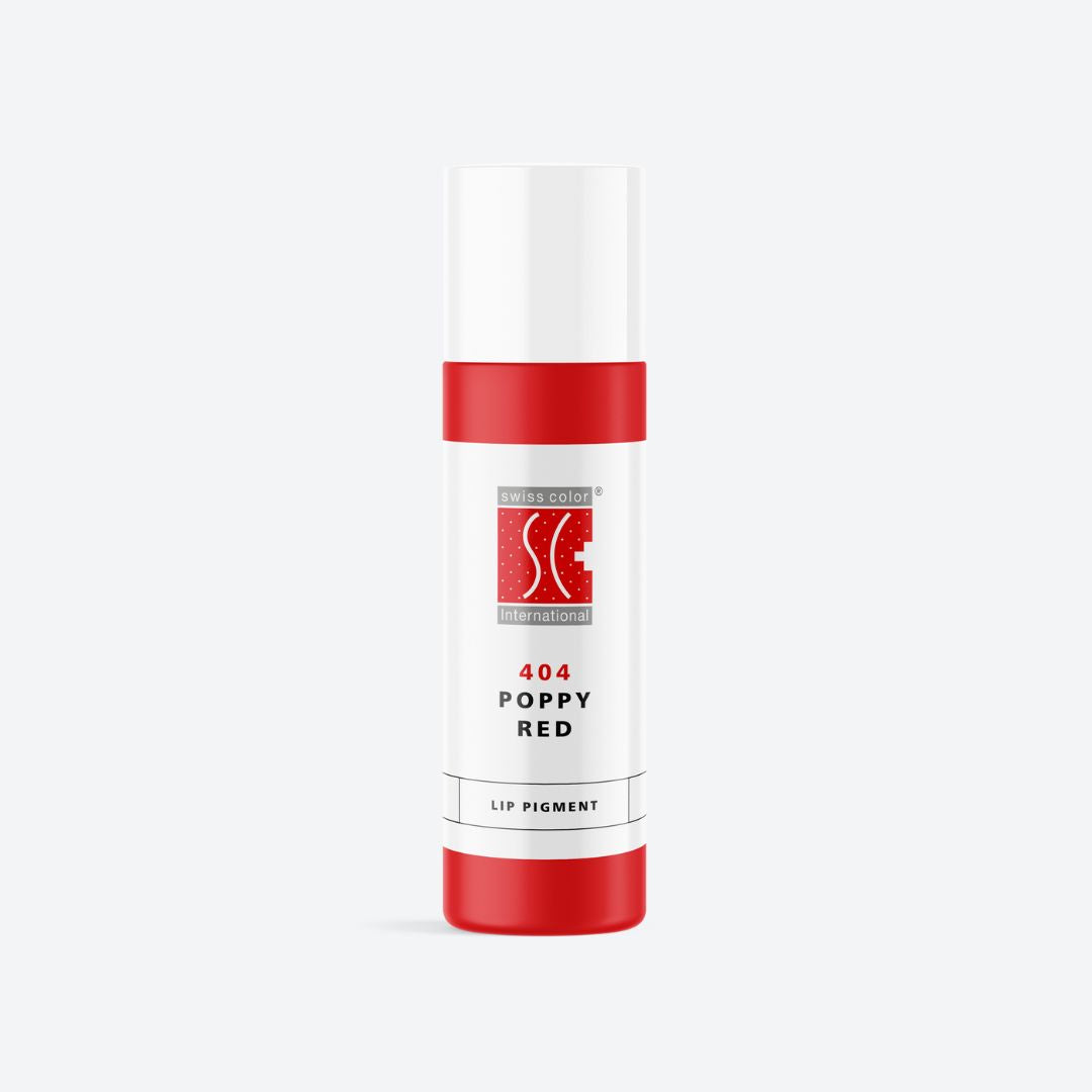 Flacone pigmento 404 Poppy Red Swiss Color 10 ml – Rosso papavero caldo per PMU labbra, formula ibrida intensa e brillante.