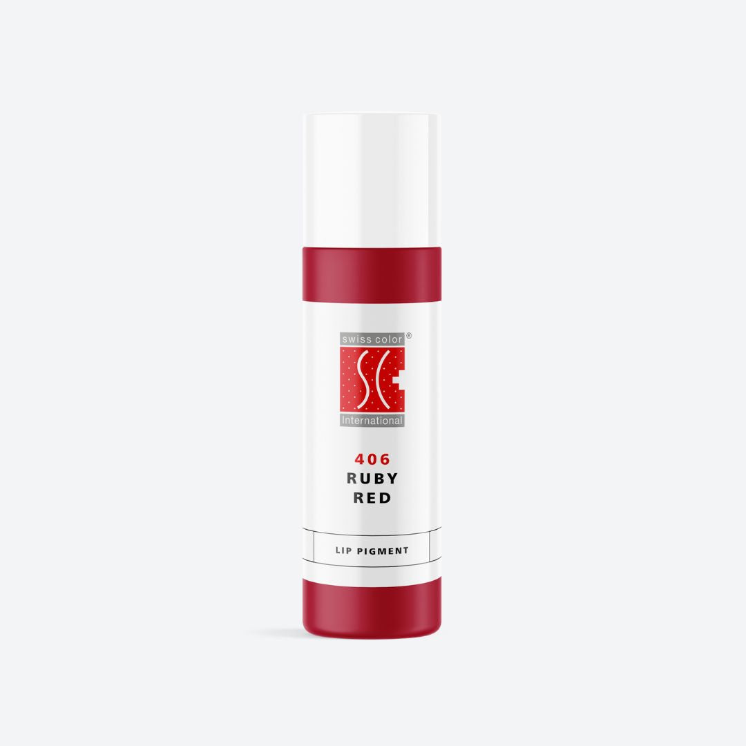 Flacone pigmento 406 Ruby Red Swiss Color 5 ml e 10 ml – Colore rosso rubino freddo per PMU labbra e areola, formula ibrida stabile e luminosa.